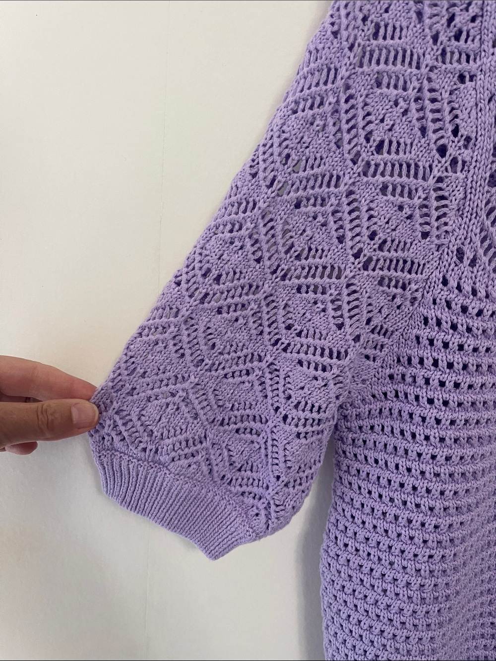 White House Black Market Lilac Puff Sleeve Pointelle Open Knit Sweater - Picture 5 of 9